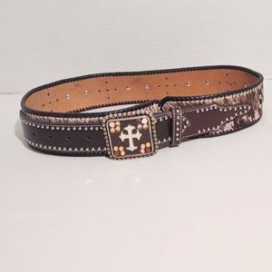 Nocona Western Leather Belt w Calf Hair and Bling sz Small